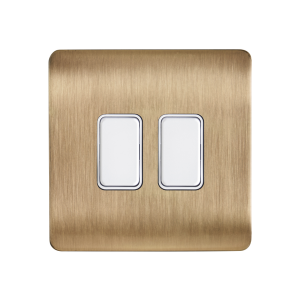 Decorative Kinetic Switch - 2 Gang, Satin Brass Front, White switch and body- Dimmable
