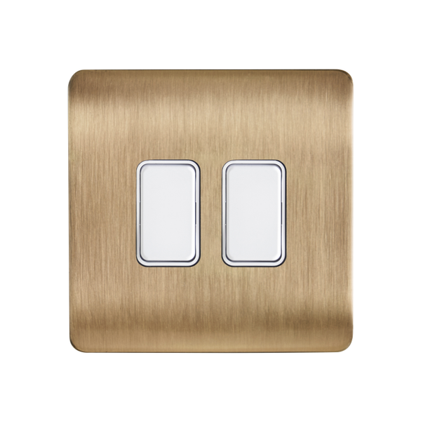 Decorative Kinetic Switch - 2 Gang, Satin Brass Front, White switch and body- Dimmable
