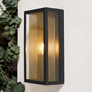 Cuba Outdoor Box Lantern Wall Light with Brass Mesh Insert - Black