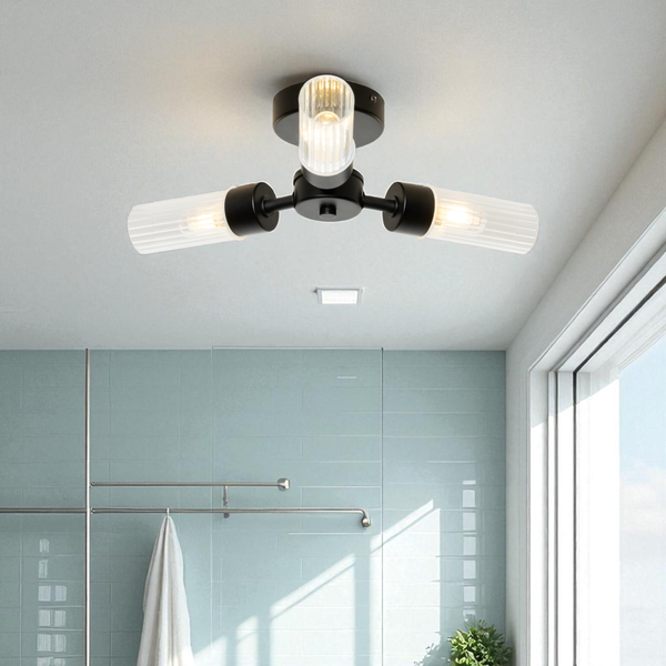 Ottawa Ribbed Three Light Ceiling Flush. IP44. Chrome
