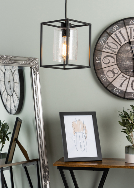 Hardy Caged 1 Light Kitchen/Diner Pendant - Matt Black/Bubble Glass - Image 2