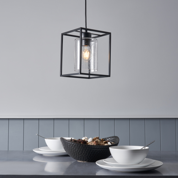 Hardy Caged 1 Light Kitchen/Diner Pendant - Matt Black/Bubble Glass