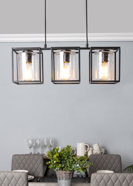 Hardy Caged 3 Light Kitchen/Diner Bar Pendant - Matt Black/Bubble Glass - Image 2