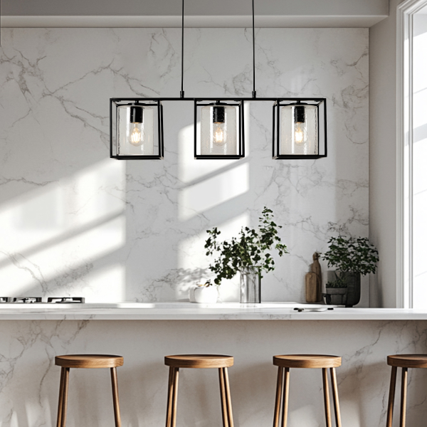 Hardy Caged 3 Light Kitchen/Diner Bar Pendant - Matt Black/Bubble Glass