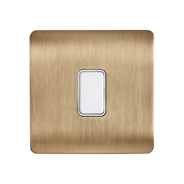 Decorative Kinetic Switch - 1 Gang, Satin Brass Front, White switch and body- Dimmable