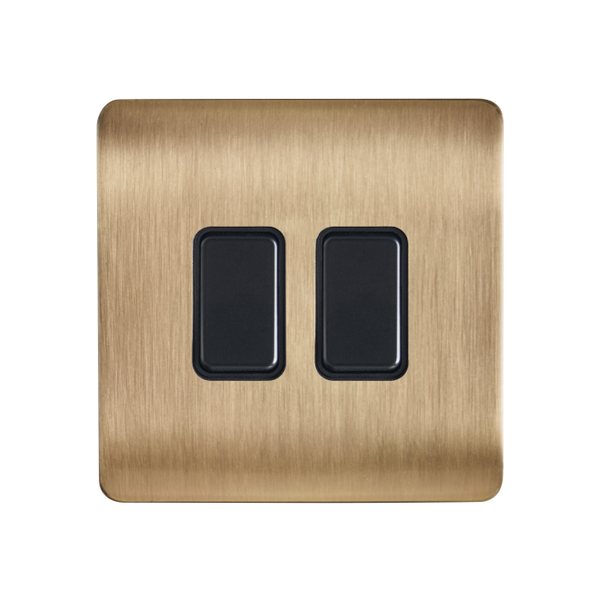 Decorative Kinetic Switch - 2 Gang, Satin BrassFront, Black switch and body- Dimmable - Image 2