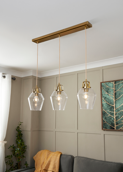 Saskia 3 Light Kitchen/Diner Pendant - Satin Brass/Bubble Glass