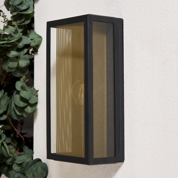 Cuba Outdoor Box Lantern Wall Light with Brass Mesh Insert - Black - Image 2