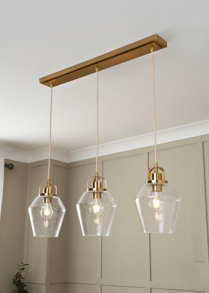 Saskia 3 Light Kitchen/Diner Pendant - Satin Brass/Bubble Glass - Image 6