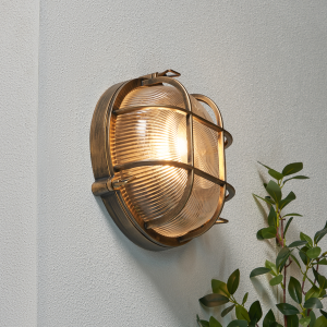 Gali Outdoor Caged Round Bulkhead Wall Light, Gold