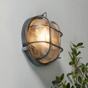 Gali Outdoor Caged Round Bulkhead Wall Light, Silver