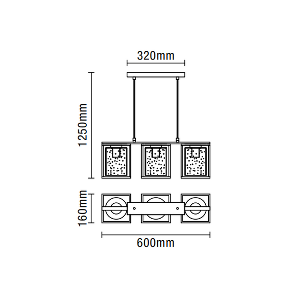 Hardy Caged 3 Light Kitchen/Diner Bar Pendant - Matt Black/Bubble Glass - Image 6