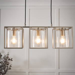 Hardy Caged 3 Light Kitchen/Diner Bar Satin Nickel/Bubble Glass  - Pendant