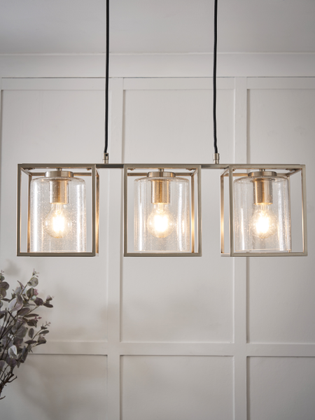 Hardy Caged 3 Light Kitchen/Diner Bar Satin Nickel/Bubble Glass - Pendant