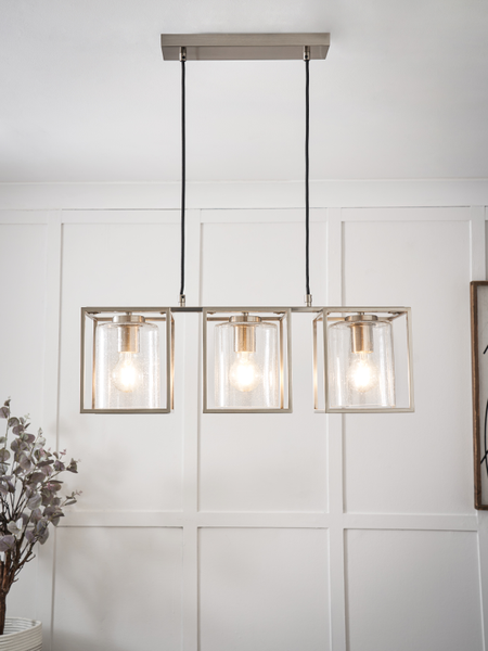 Hardy Caged 3 Light Kitchen/Diner Bar Satin Nickel/Bubble Glass - Pendant - Image 2