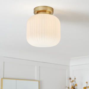 Quebec 1light Ribbed Flush Bathroom Light IP44 Satin Brass
