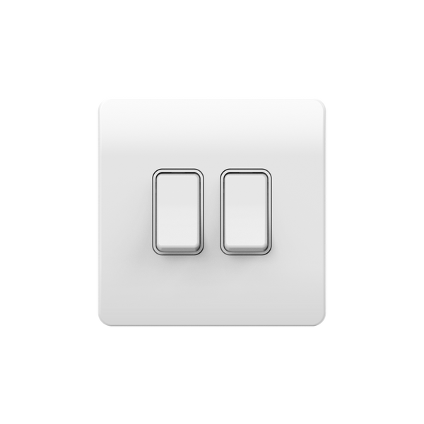 Slimline Kinetic Switch- 2 Gang, White body, white switches. - Dimmable