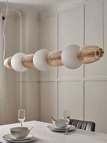 Edvin Glass 7 Light Diner Bar Satin Brass & Opal - Pendant - Image 2