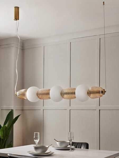 Edvin Glass 7 Light Diner Bar Satin Brass & Opal - Pendant - Image 9